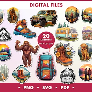 May include: A set of 20 digital designs featuring various outdoor adventure themes, including a camper van, a jeep, a hiker, a bigfoot, a dog, and a backpack. The designs are perfect for creating stickers, t-shirts, mugs, and other personalized items. The designs are available in PNG, SVG, and PDF formats.
