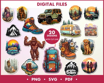 Paquete de pegatinas de vida salvaje PNG, hacer una caminata, pegatina de senderismo Big Foot, aventura, caminata, pegatina de camping, calcomanía de naturaleza, diseños imprimibles