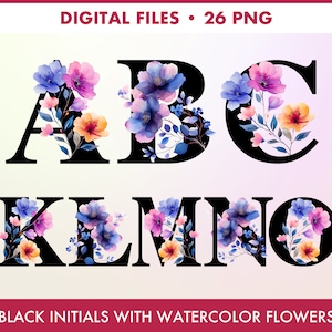 Iniziali nere con fiori ad acquerello PNG, clipart alfabeto floreale, iniziali con clip art fiori, creazione di cartoline, creazione di carta digitale