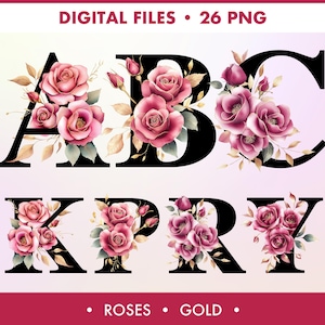Zwarte monogram brief met rozen PNG, bloemen alfabet clipart, initialen met stoffige roze bloemen illustraties, kaarten maken, digitale papierkunst