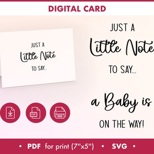 Druckbare Schwangerschaftsankündigungskarte, digitale Karte, nur eine kleine Notiz zu sagen, ein Baby ist auf dem Weg! Baby SVG, Sofort Download