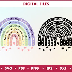 Rainbow Affirmations SVG, rainbow wall decor, boho rainbow with heart SVG, pastel rainbow, rainbow cut file, Rainbow Affirmations for Kids