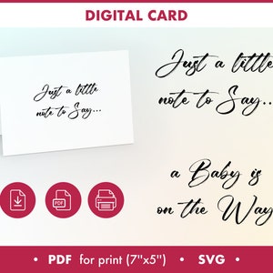 Carte d'annonce de grossesse PDF, carte numérique imprimable, juste une petite note à dire, un bébé est en route ! Bébé SVG, téléchargement immédiat