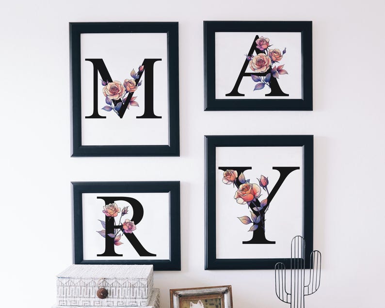 Black Monogram Letter Watercolor Roses, Floral Alphabet Clipart ...