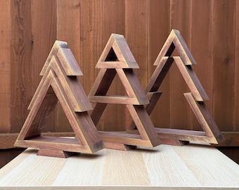 Wooden Christmas Tree Decor – Set of 3 Minimalist Holiday Trees – Rustic Natural Pine Tabletop Decoration