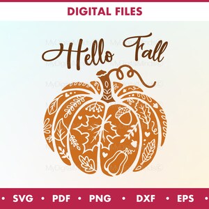 May include: A digital file design featuring a detailed orange pumpkin with intricate leaf and acorn patterns. The words "Hello Fall" are written in a stylish script above the pumpkin. The design is perfect for fall-themed crafts.