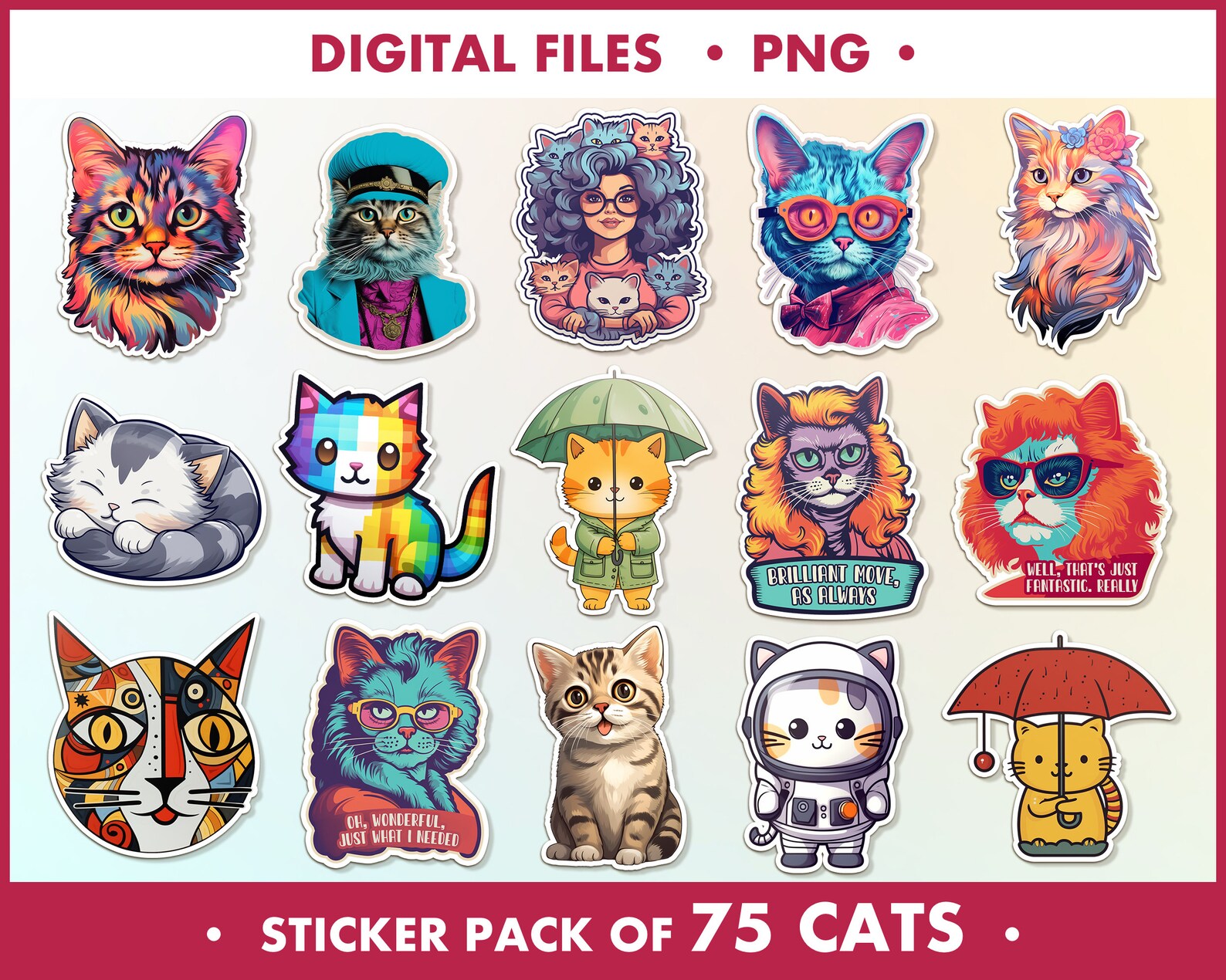 Sticker Pack Varied Cats, Cat Lover Gift, Set of Funny Cat Stickers ...