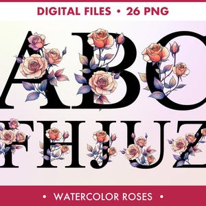 Schwarzes Monogramm Buchstabe Aquarell Rosen, Blumenalphabet Clipart, Initialen mit Staubigen Rosen Clip Art, Kartenherstellung, Digitales Papiermodell