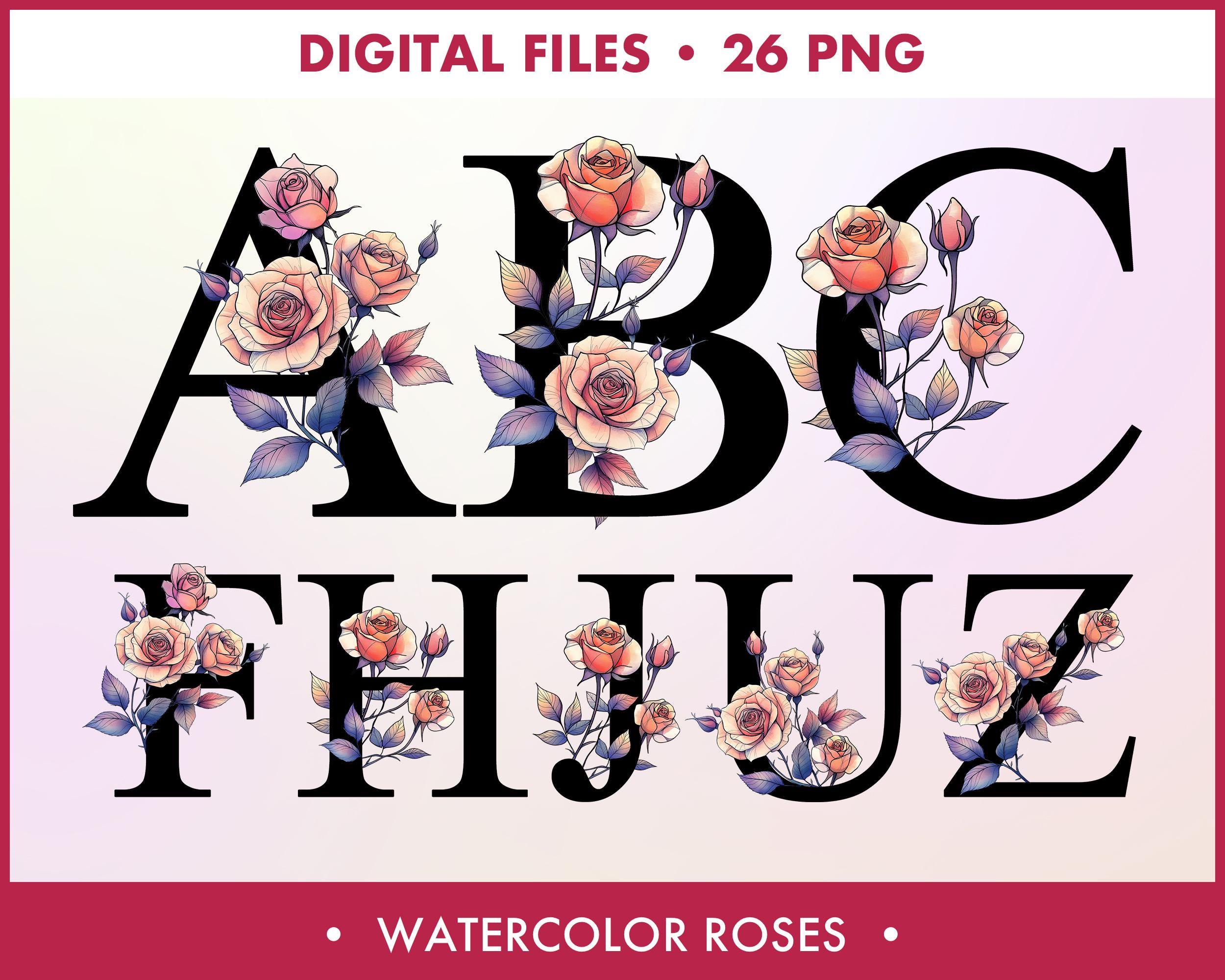 Black Monogram Letter Watercolor Roses, Floral Alphabet Clipart ...