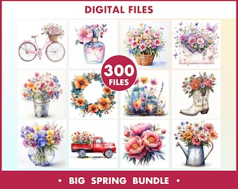 Hello Spring BIG Bundle 300 png, Botanical aesthetic for small business, flower corner frame, Spring Clipart, Card Making
