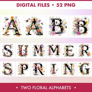 Alfabetos florales de Hola primavera, letras de acuarela con flores, imágenes prediseñadas del alfabeto, imágenes prediseñadas de iniciales florales, creación de tarjetas, decoración de guardería con álbumes de recortes