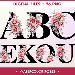 Schwarzes Monogramm Buchstabe Aquarell Rose, Blumenalphabet Clipart, Initialen mit Altrosa Blumen Clip Art, Kartenherstellung, Digitales Papiermodell