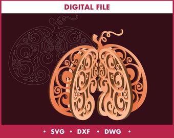 Wooden 3D Pumpkin cut file, fall decor pumpkin digital file svg dxf dwg, laser cut plywood, pumpkin decor svg, Halloween pumpkin CNC
