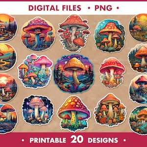 Mushrooms Print PNG Bundle 20 Designs, Digital illustration Mushroom, Magic Mushroom Stickers, Mushroom sticker pack PNG, Clipart Mushroom