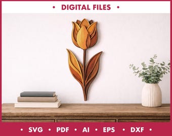 Tulip SVG, Dekoracja Tulip, Plik Cięty Laserowo, Wzór Kwiatowy CNC, Szablon Dekoracji Ogrodu Wiosennego, Drewniana Sztuka Ścienna, Natychmiastowe Pobieranie Plików PDF, EPS, DXF, AI