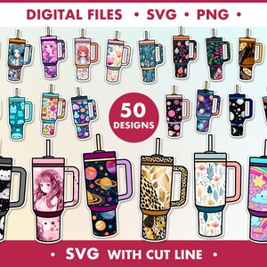 Peut inclure: 50 modèles de gobelets à sublimation avec différents motifs et designs, y compris des motifs floraux, des imprimés animaliers, des galaxies et des personnages de dessins animés. Les designs sont au format SVG avec des lignes de coupe.