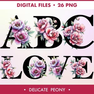 Schwarzes Monogramm Buchstabe Aquarell Pfingstrosen PNG, Floral Alphabet Clipart, Initialen mit Pfingstrose Clip Art, Kartenherstellung, digitales Papiermodell