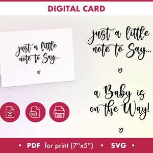 Carte d'annonce de grossesse SVG, carte numérique imprimable, juste une petite note pour dire qu'un bébé est en route ! Bébé SVG, téléchargement immédiat