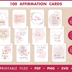 100 carte per la cura di sé, PDF di affermazione stampabile, amore per se stessi, carte di affermazione stampabili, affermazioni di consapevolezza, citazioni positive SVG