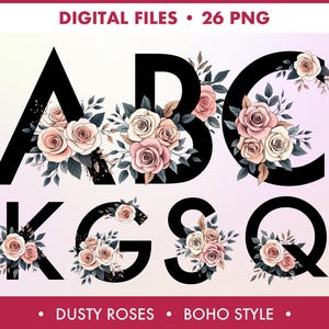 Letras monograma negras con rosas en acuarela, clipart de alfabeto floral, iniciales con clip art floral rosa polvoriento, fabricación de tarjetas, manualidades con papel digital