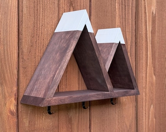 Mountain Shelf with Hooks – Wooden Key Holder and Small Item Organizer – Rustic Boho Wall Decor for Entryway or Nursery