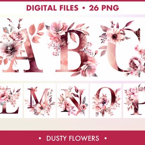 Iniziali monogramma, Alfabeto floreale PNG, Clipart di fiori ad acquerello polverosi, Decorazioni di nozze PNG, Arte botanica, Creazione di cartoline, Mestieri di carta digitale