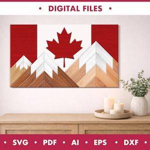 Puede incluir: Una obra de arte mural de madera que representa la bandera canadiense con una hoja de arce roja y rayas rojas y blancas. Las montañas están hechas de madera en varios tonos. Las palabras "DIGITAL FILES" y las abreviaturas de los tipos de archivo están arriba y abajo.
