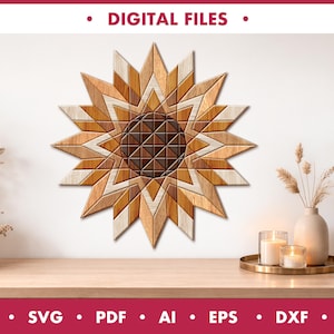 Peut inclure: Décoration murale en bois en forme d'étoile, avec un motif géométrique dans les tons marron, beige et crème. L'œuvre est composée de différentes pièces de bois disposées en étoile. Les mots "DIGITAL FILES" et les abréviations des types de fichiers sont affichés.