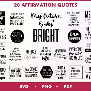 Pacchetto di citazioni di affermazioni positive, 28 citazioni di affermazione SVG, ispirazione per lei svg, adesivi digitali PNG - Clipart, citazione di motivazione svg