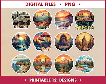 Oregon State PNG 12 Designs, Digital illustration Portland OR, Oregon Digital Stickers, State Badge Souvenir, Yeti Bigfoot Sasquatch sticker
