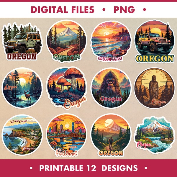 Oregon State PNG 12 Designs, Digital illustration Portland OR, Oregon Digital Stickers, State Badge Souvenir, Yeti Bigfoot Sasquatch sticker