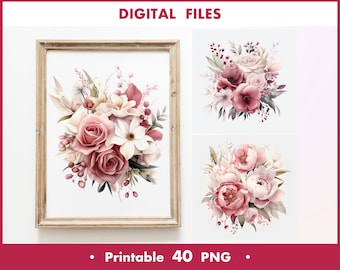 Dusty Watercolor Flowers Clipart PNG, Card Making, Dusty Pink Floral Clip Art, Digital Paper Craft, Printable Wedding Bouquet Clipart PNG