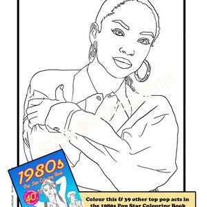 Puede incluir: Ilustraci&oacute;n en l&iacute;nea en blanco y negro de una mujer con pendientes de aro. La imagen incluye un libro para colorear titulado "1980s Pop Star Colouring Book" con el texto "Colour this & 39 other top pop acts in the 1980s Pop Star Colouring Book".