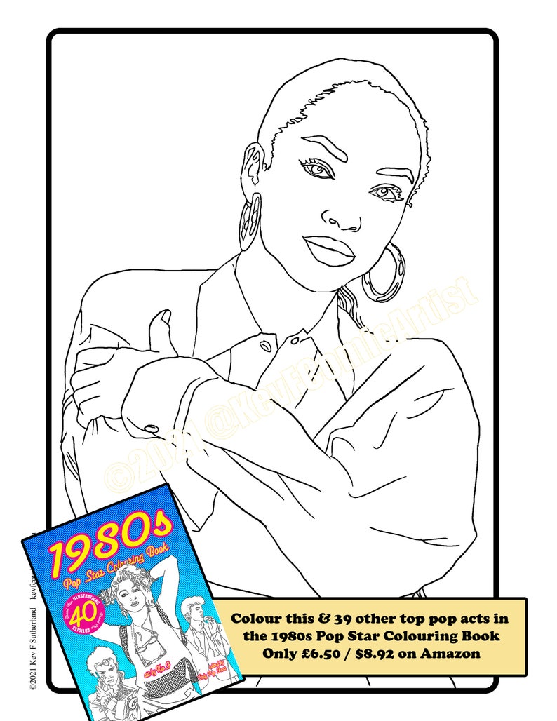 Puede incluir: Ilustraci&oacute;n en l&iacute;nea en blanco y negro de una mujer con pendientes de aro. La imagen incluye un libro para colorear titulado "1980s Pop Star Colouring Book" con el texto "Colour this & 39 other top pop acts in the 1980s Pop Star Colouring Book".