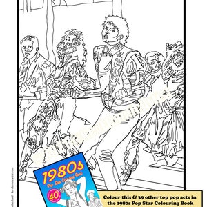 Puede incluir: Dibujo lineal en blanco y negro de una p&aacute;gina de un libro para colorear con estrellas del pop en un escenario. Un libro m&aacute;s peque&ntilde;o titulado "1980s Pop Star Colouring Book" est&aacute; en primer plano. El texto de la p&aacute;gina dice "Colour this & 39 other top pop acts in the 1980s Pop Star Colouring Book".