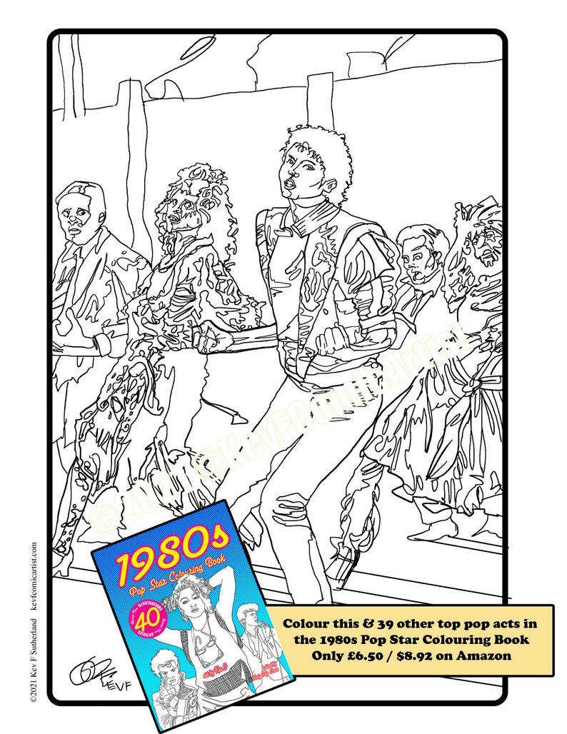 Puede incluir: Dibujo lineal en blanco y negro de una p&aacute;gina de un libro para colorear con estrellas del pop en un escenario. Un libro m&aacute;s peque&ntilde;o titulado "1980s Pop Star Colouring Book" est&aacute; en primer plano. El texto de la p&aacute;gina dice "Colour this & 39 other top pop acts in the 1980s Pop Star Colouring Book".