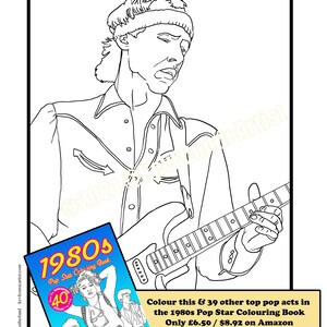 Puede incluir: Dibujo lineal en blanco y negro de un m&uacute;sico tocando la guitarra, con una cinta para la cabeza y una camisa abotonada. Un libro para colorear titulado "1980s Pop Star Colouring Book" est&aacute; en la esquina inferior izquierda. El texto dice "Colorea esto y otros 39 artistas pop de los a&ntilde;os 80".