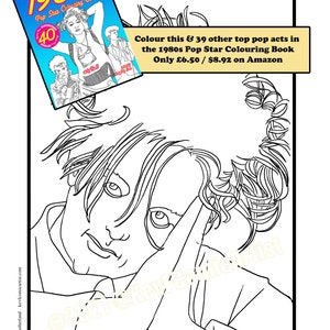 Puede incluir: Dibujo lineal en blanco y negro de una persona con la mano cerca de la cara. Un libro para colorear titulado "1980s Pop Star Colouring Book" est&aacute; en la esquina superior izquierda. La portada del libro presenta ilustraciones de estrellas del pop.
