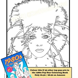 Puede incluir: Dibujo lineal en blanco y negro del rostro de una mujer con cabello y maquillaje elaborados. Un peque&ntilde;o libro titulado "1980s Pop Star Colouring Book" est&aacute; en la esquina inferior izquierda. El texto dice "Colour this & 39 other top pop acts in the 1980s Pop Star Colouring Book".