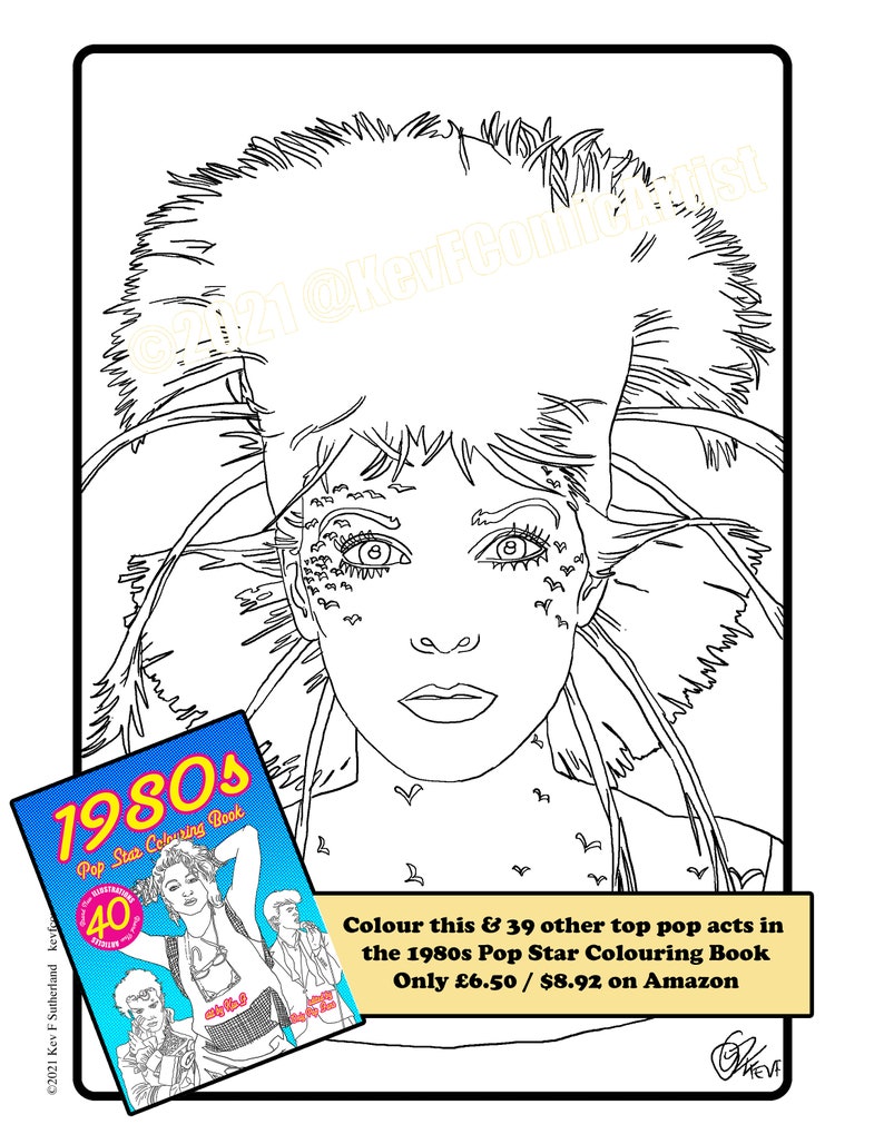 Puede incluir: Dibujo lineal en blanco y negro del rostro de una mujer con cabello y maquillaje elaborados. Un peque&ntilde;o libro titulado "1980s Pop Star Colouring Book" est&aacute; en la esquina inferior izquierda. El texto dice "Colour this & 39 other top pop acts in the 1980s Pop Star Colouring Book".
