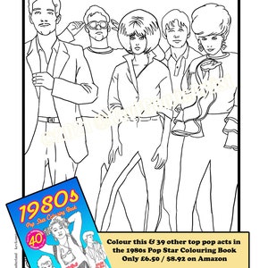 Puede incluir: Dibujo lineal en blanco y negro de seis personas con ropa de los a&ntilde;os 80. Un libro para colorear titulado "1980s Pop Star Colouring Book" est&aacute; en la esquina inferior izquierda. La portada del libro presenta a una mujer con un micr&oacute;fono. El texto de la imagen dice: "Colorea esto y otros 39 artistas pop en el libro para colorear Pop Star de los 80".