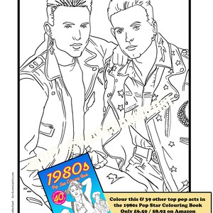 Puede incluir: Ilustraci&oacute;n en blanco y negro de dos hombres con chaquetas de cuero, con un libro para colorear titulado "1980s Pop Star Colouring Book". La portada del libro muestra a una mujer y dos hombres. El texto de la imagen dice: "Colorea esto y otros 39 artistas pop en el libro para colorear Pop Star de los 80, solo &pound;6.50 / $8.92 en Amazon."