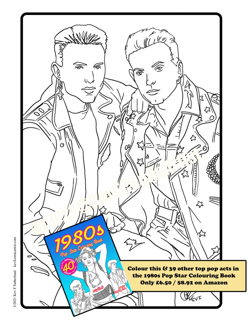Puede incluir: Ilustraci&oacute;n en blanco y negro de dos hombres con chaquetas de cuero, con un libro para colorear titulado "1980s Pop Star Colouring Book". La portada del libro muestra a una mujer y dos hombres. El texto de la imagen dice: "Colorea esto y otros 39 artistas pop en el libro para colorear Pop Star de los 80, solo &pound;6.50 / $8.92 en Amazon."