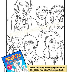 Puede incluir: Ilustraci&oacute;n en blanco y negro de cinco estrellas del pop. Un libro para colorear titulado "1980s Pop Star Colouring Book" est&aacute; en la esquina inferior izquierda. El texto dice "Colorea esto y otros 39 artistas pop en el libro para colorear Pop Star de los 80".