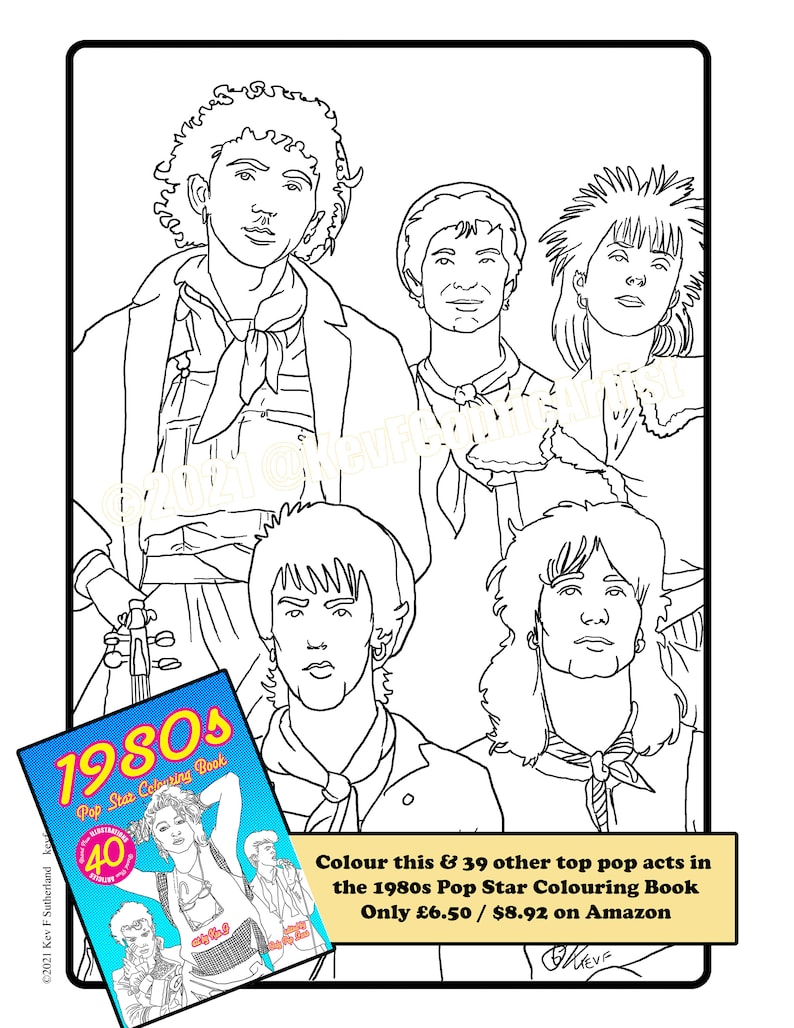 Puede incluir: Ilustraci&oacute;n en blanco y negro de cinco estrellas del pop. Un libro para colorear titulado "1980s Pop Star Colouring Book" est&aacute; en la esquina inferior izquierda. El texto dice "Colorea esto y otros 39 artistas pop en el libro para colorear Pop Star de los 80".