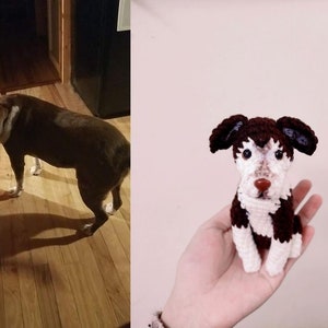 May include: A brown and white crocheted dog toy. The toy is sitting on a person's hand.