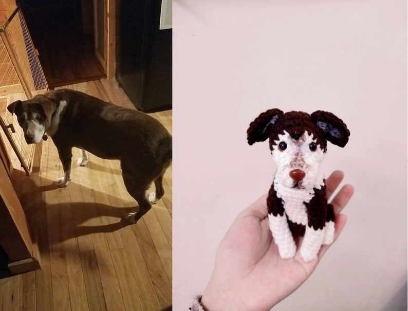 May include: A brown and white crocheted dog toy. The toy is sitting on a person's hand.
