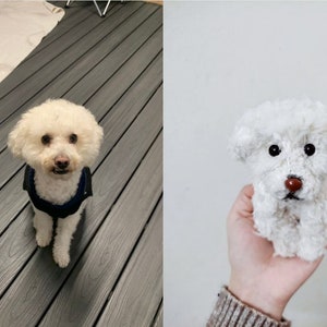 May include: A white fluffy dog sitting on a wooden floor, next to a black and white plaid shirt. On the right side of the image, a white fluffy stuffed animal dog is being held by a hand.