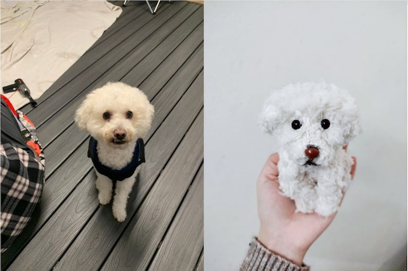 May include: A white fluffy dog sitting on a wooden floor, next to a black and white plaid shirt. On the right side of the image, a white fluffy stuffed animal dog is being held by a hand.