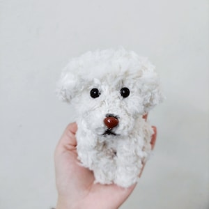 May include: A white fluffy toy dog with black eyes and a brown nose. The dog is being held in a person's hand.